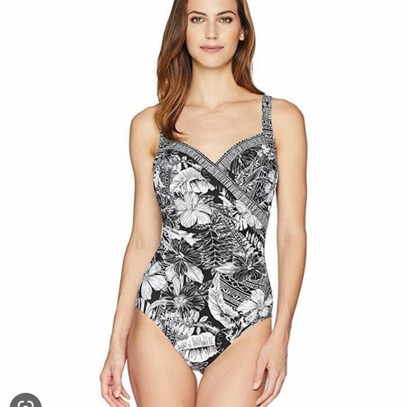 ❤️ Miraclesuit Sanibel One Piece With Black white tropical leaves Swim Suit A61 - Picture 2 of 7